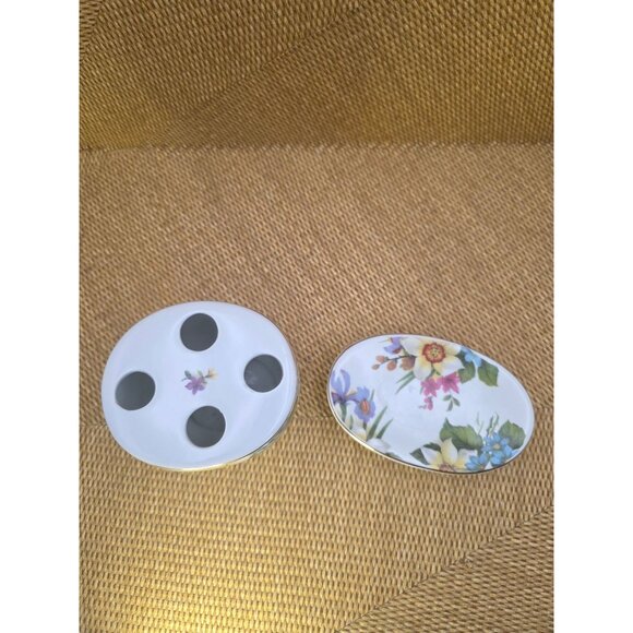 Baum Bros Porcelain Toothbrush Holder & Soap Dish Floral Design Bathroom Decor‎ - Picture 3 of 10